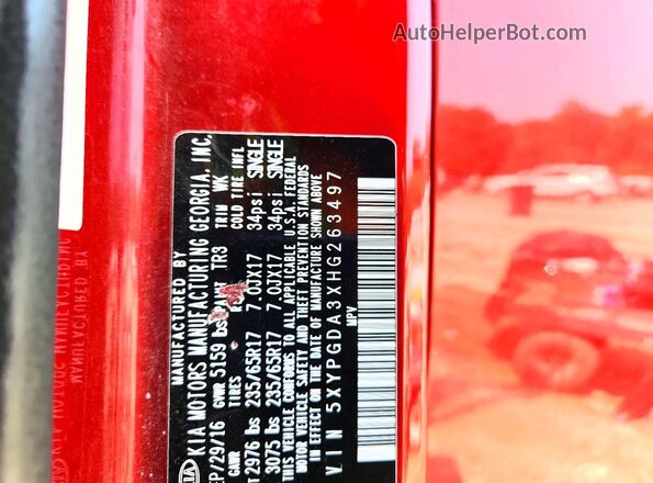 5XYPGDA3XHG263497 2017 KIA SORENTO Red Widok wnętrza 360 stopni