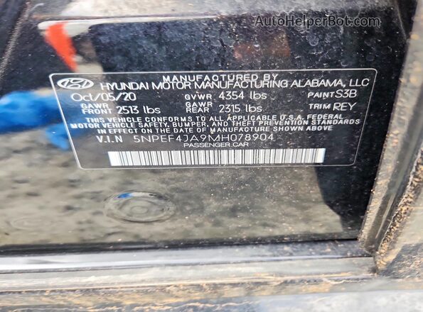 5NPEF4JA9MH078904 2021 HYUNDAI SONATA Черный Вид наклейки с VIN-кодом