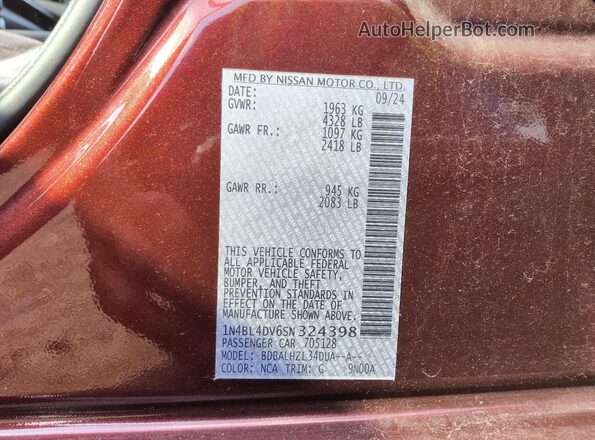 1N4BL4DV6SN324398 2025 NISSAN ALTIMA Burgundy VIN կոդի պիտակի տեսք