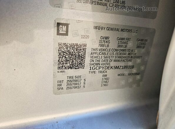 1GCPYDEK5MZ189318 2021 CHEVROLET SILVERADO Серебряный Вид наклейки с VIN-кодом