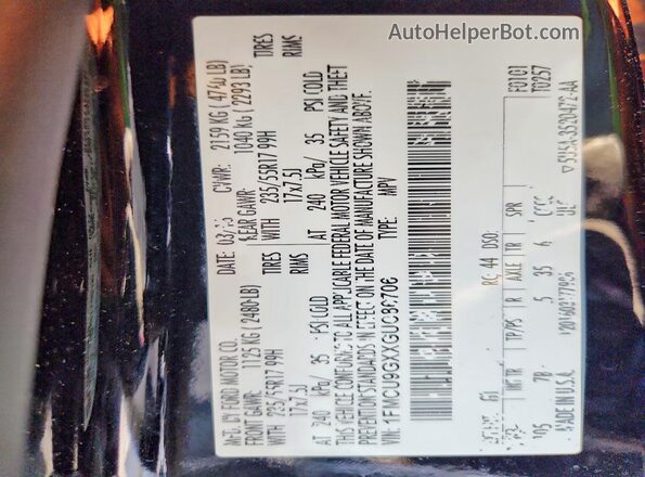 1FMCU9GXXGUC86706 2016 FORD ESCAPE Black Vista interior de 360 grados