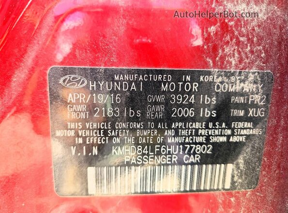 KMHD84LF6HU177802 2017 HYUNDAI ELANTRA Red Vista de la etiqueta del VIN