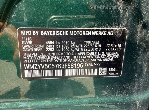WMZYV5C57K3F58196 2019 MINI COOPER Green Widok tylnych siedzeń
