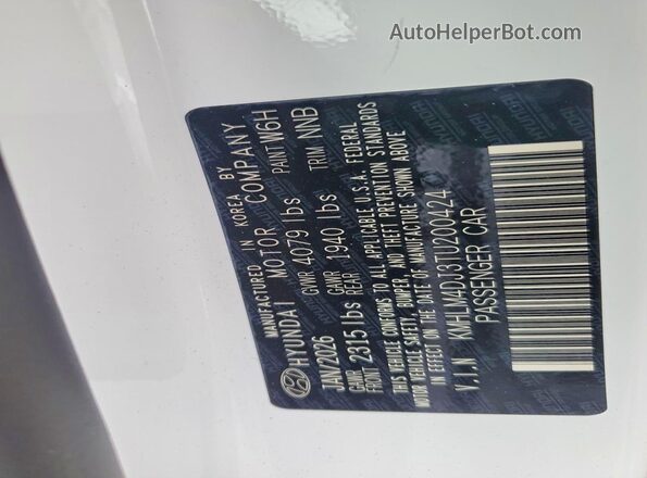 KMHLM4DJ3TU200424 2026 HYUNDAI ELANTRA White VIN კოდის სტიკერის ხედი