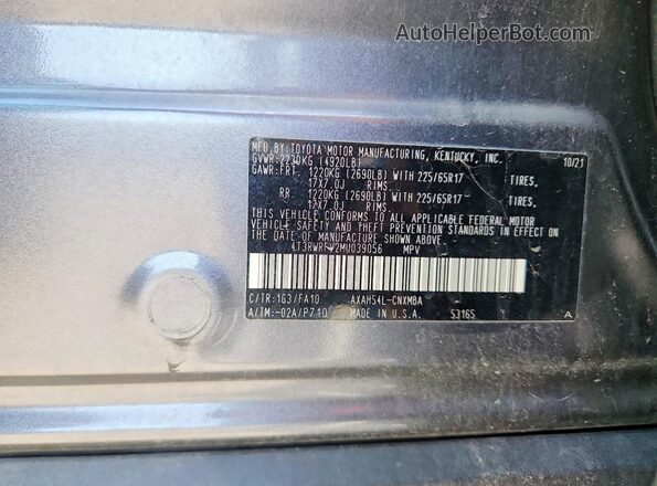 4T3RWRFV2MU039056 2021 TOYOTA RAV4 Gray Vista interior de 360 grados