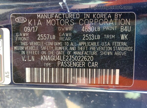 KNAGU4LE2J5022620 2018 KIA OPTIMA Charcoal VIN sticker view