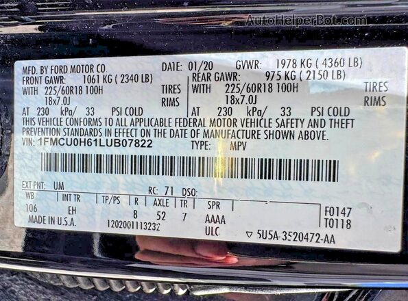 1FMCU0H61LUB07822 2020 FORD ESCAPE Black 