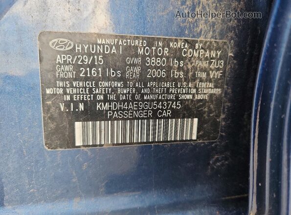 KMHDH4AE9GU543745 2016 HYUNDAI ELANTRA Blue VIN sticker view