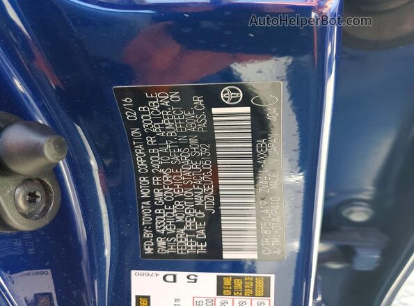 JTDZN3EU7GJ051392 2016 TOYOTA PRIUS Blue Вид наклейки з VIN-кодом