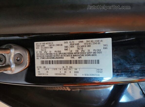 1FMCU9H65MUA64592 2021 FORD ESCAPE Black Widok wnętrza 360 stopni