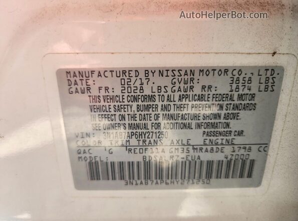 3N1AB7AP6HY271250 2017 NISSAN SENTRA White Widok naklejki z numerem VIN
