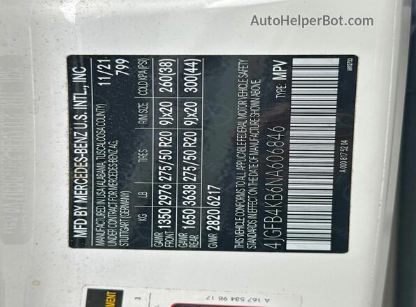 4JGFB4KB6NA606846 2022 MERCEDES-BENZ GLE Белый Панорамный вид салона 360°