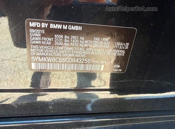 5YMKW8C55G0R43256 2016 BMW X6 Black Widok naklejki z numerem VIN