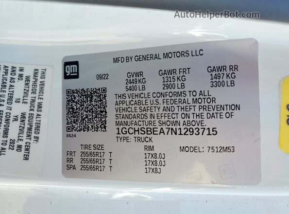 1GCHSBEA7N1293715 2022 CHEVROLET COLORADO White Widok naklejki z numerem VIN