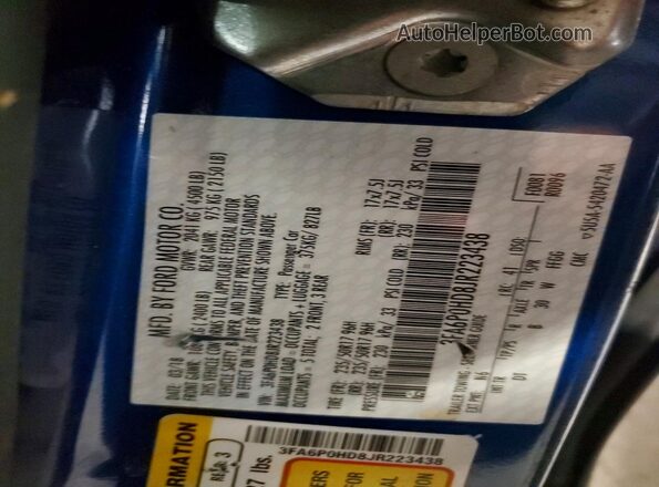 3FA6P0HD8JR223438 2018 FORD FUSION Blue Widok naklejki z numerem VIN