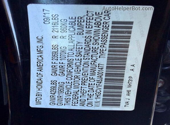 1HGCV1F45JA001477 2018 HONDA ACCORD Black უკანა სალონის ხედი