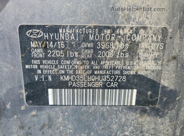 KMHD35LH0HU352728 2017 HYUNDAI ELANTRA Gray Widok naklejki z numerem VIN