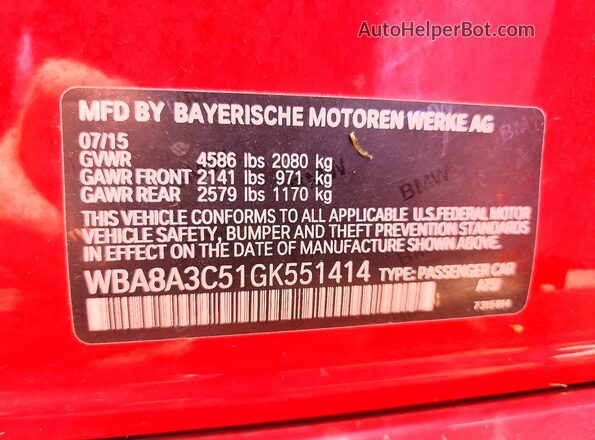 WBA8A3C51GK551414 2016 BMW 3 SERIES Red VIN կոդի պիտակի տեսք
