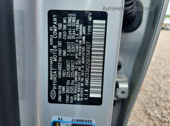 KM8J33A22GU164927 2016 HYUNDAI TUCSON Silver Widok wnętrza 360 stopni