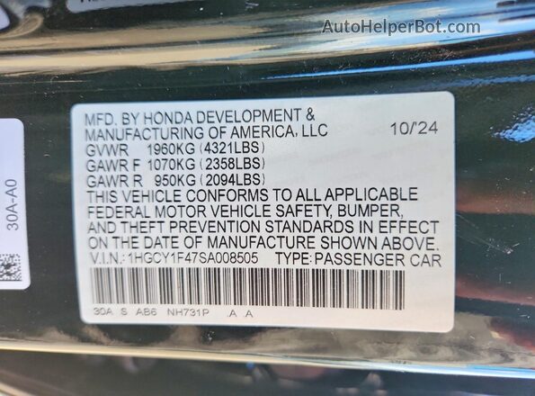 1HGCY1F47SA008505 2025 HONDA ACCORD Black Vista de la etiqueta del VIN