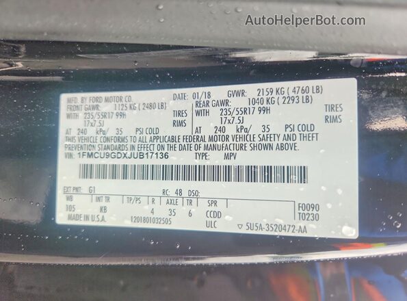 1FMCU9GDXJUB17136 2018 FORD ESCAPE Black სალონის 360-გრადუსიანი ხედი