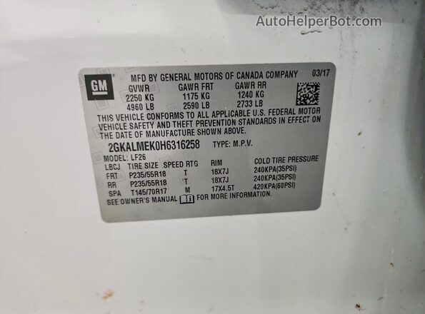 2GKALMEK0H6316258 2017 GMC TERRAIN White Панорамний вид салону 360°