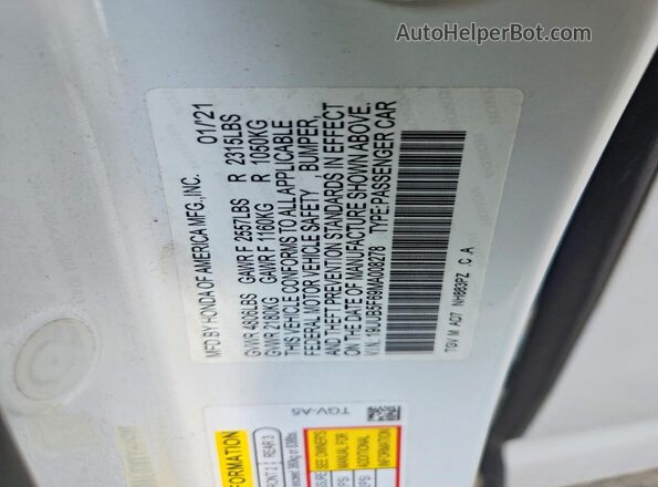 19UUB5F69MA008278 2021 ACURA TLX White Widok wnętrza 360 stopni