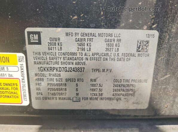 1GKKRPKD7GJ243837 2016 GMC ACADIA Black Widok wnętrza 360 stopni