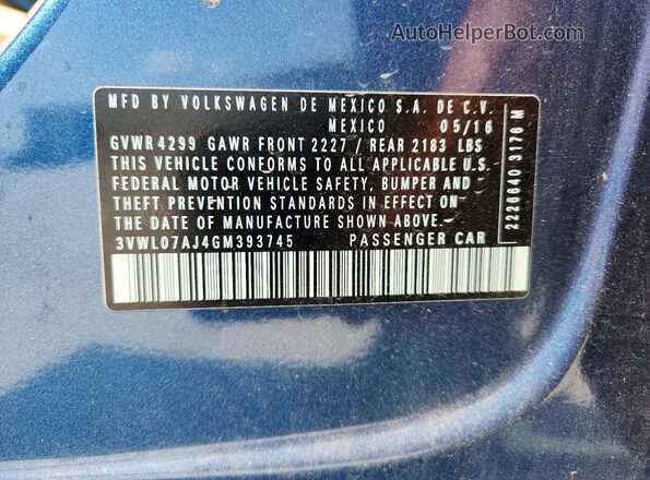 3VWL07AJ4GM393745 2016 VOLKSWAGEN JETTA Blue Вид наклейки з VIN-кодом