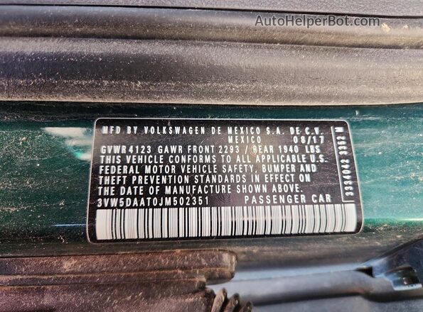 3VW5DAAT0JM502351 2018 VOLKSWAGEN BEETLE Green Widok naklejki z numerem VIN