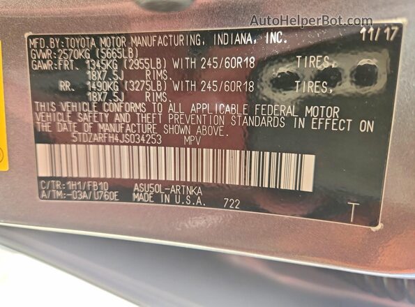 5TDZARFH4JS034253 2018 TOYOTA HIGHLANDER Gray Widok wnętrza 360 stopni