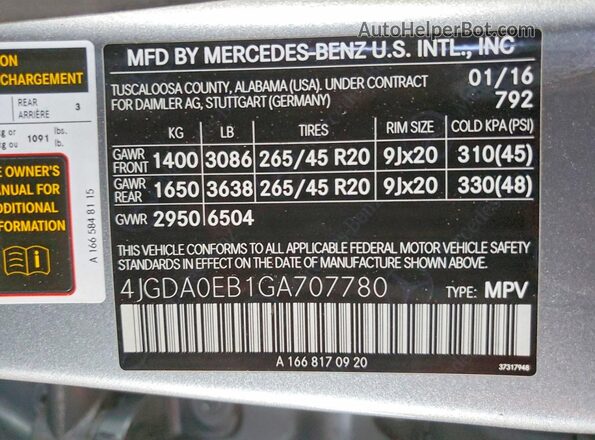 4JGDA0EB1GA707780 2016 MERCEDES-BENZ GLE Gray Widok komory silnika