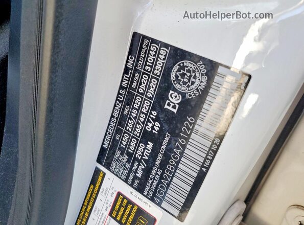 4JGDA2EB9GA761226 2016 MERCEDES-BENZ GLE White VIN sticker view