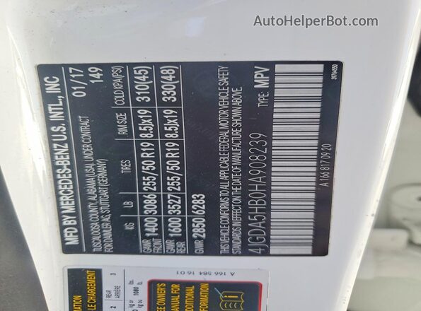 4JGDA5HB0HA908239 2017 MERCEDES-BENZ GLE White Vista de la etiqueta del VIN
