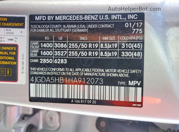 4JGDA5HB1HA912073 2017 MERCEDES-BENZ GLE Silver VIN sticker view