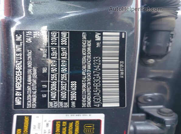 4JGDA5HB3GA764233 2016 MERCEDES-BENZ GLE Gray Widok naklejki z numerem VIN