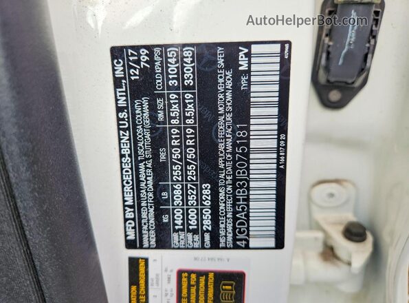4JGDA5HB3JB075181 2018 MERCEDES-BENZ GLE White VIN sticker view