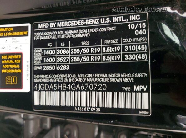 4JGDA5HB4GA670720 2016 MERCEDES-BENZ GLE Black VIN կոդի պիտակի տեսք