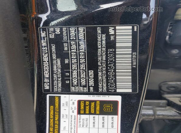 4JGDA5HB4GA730978 2016 MERCEDES-BENZ GLE Black Vista de la etiqueta del VIN