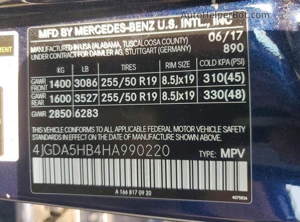 4JGDA5HB4HA990220 2017 MERCEDES-BENZ GLE Black Вид наклейки з VIN-кодом