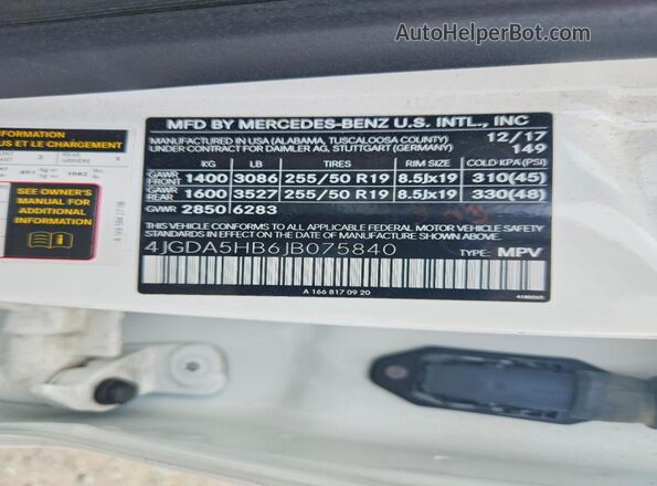 4JGDA5HB6JB075840 2018 MERCEDES-BENZ GLE White Widok naklejki z numerem VIN