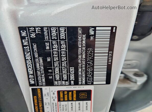 4JGDA5HB7GA792259 2016 MERCEDES-BENZ GLE Silver Vista de la etiqueta del VIN