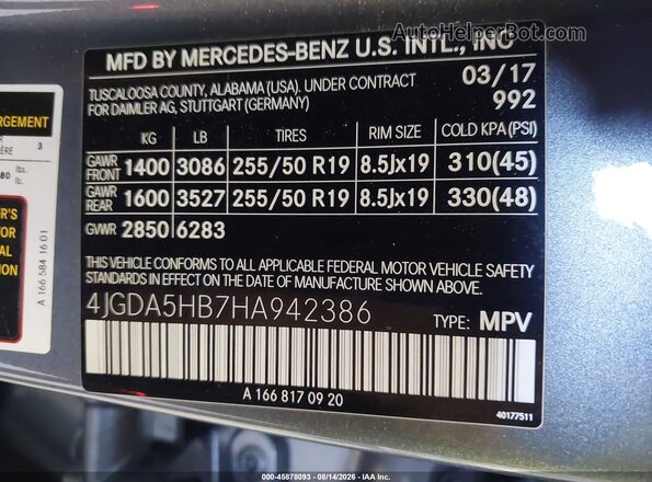 4JGDA5HB7HA942386 2017 MERCEDES-BENZ GLE 350 Gray Vista del compartimento del motor