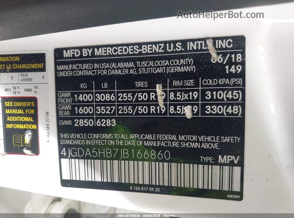 4JGDA5HB7JB166860 2018 MERCEDES-BENZ GLE 350 White Շարժիչի բաժամունքի տեսք