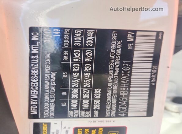 4JGDA5HB8HA900891 2017 MERCEDES-BENZ GLE White VIN sticker view