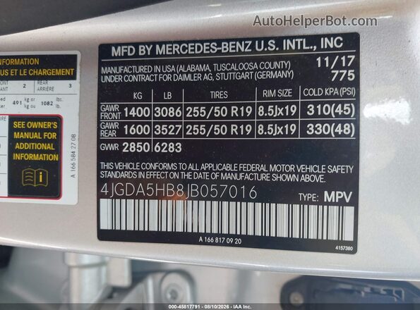 4JGDA5HB8JB057016 2018 MERCEDES-BENZ GLE 350 Silver Vista del compartimento del motor