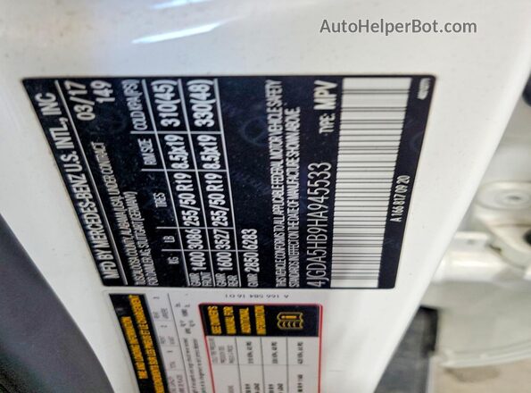 4JGDA5HB9HA945533 2017 MERCEDES-BENZ GLE Белый Вид наклейки с VIN-кодом