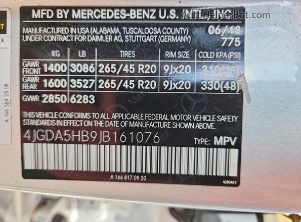 4JGDA5HB9JB161076 2018 MERCEDES-BENZ GLE Серебряный Вид наклейки с VIN-кодом