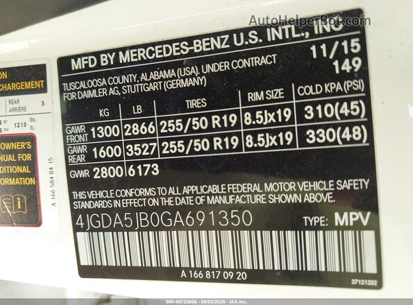 4JGDA5JB0GA691350 2016 MERCEDES-BENZ GLE 350 White Շարժիչի բաժամունքի տեսք