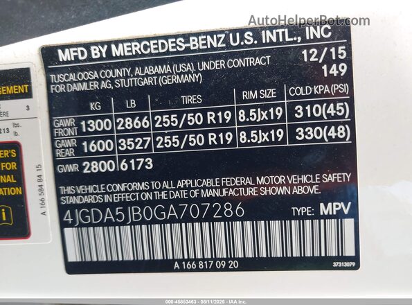4JGDA5JB0GA707286 2016 MERCEDES-BENZ GLE 350 White VIN կոդի պիտակի տեսք